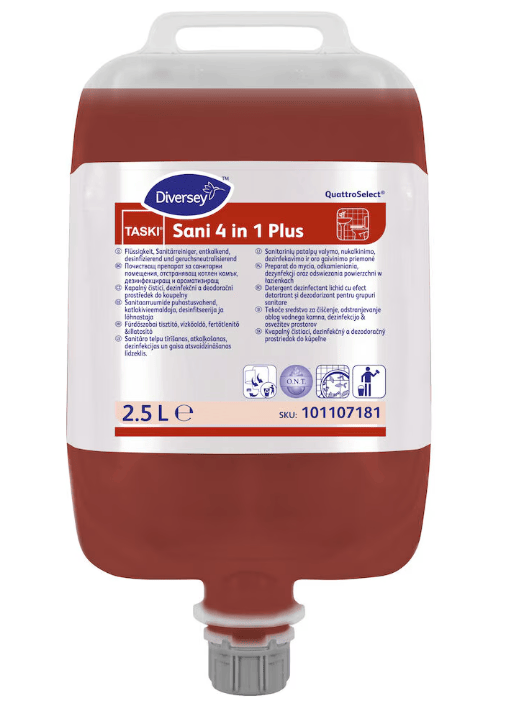 Diversey TASKI Sani 4 in 1 QS 2,5L - Засіб для чищення, видалення накипу, дезінфекції та дезодорації у ванній кімнаті